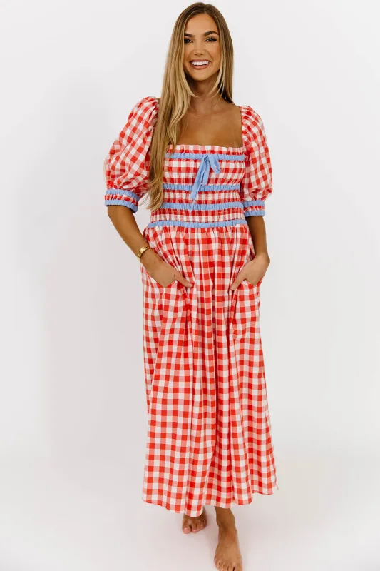 Ravina Gingham Contrast Midi Dress in Poppy sold by Worth Collective