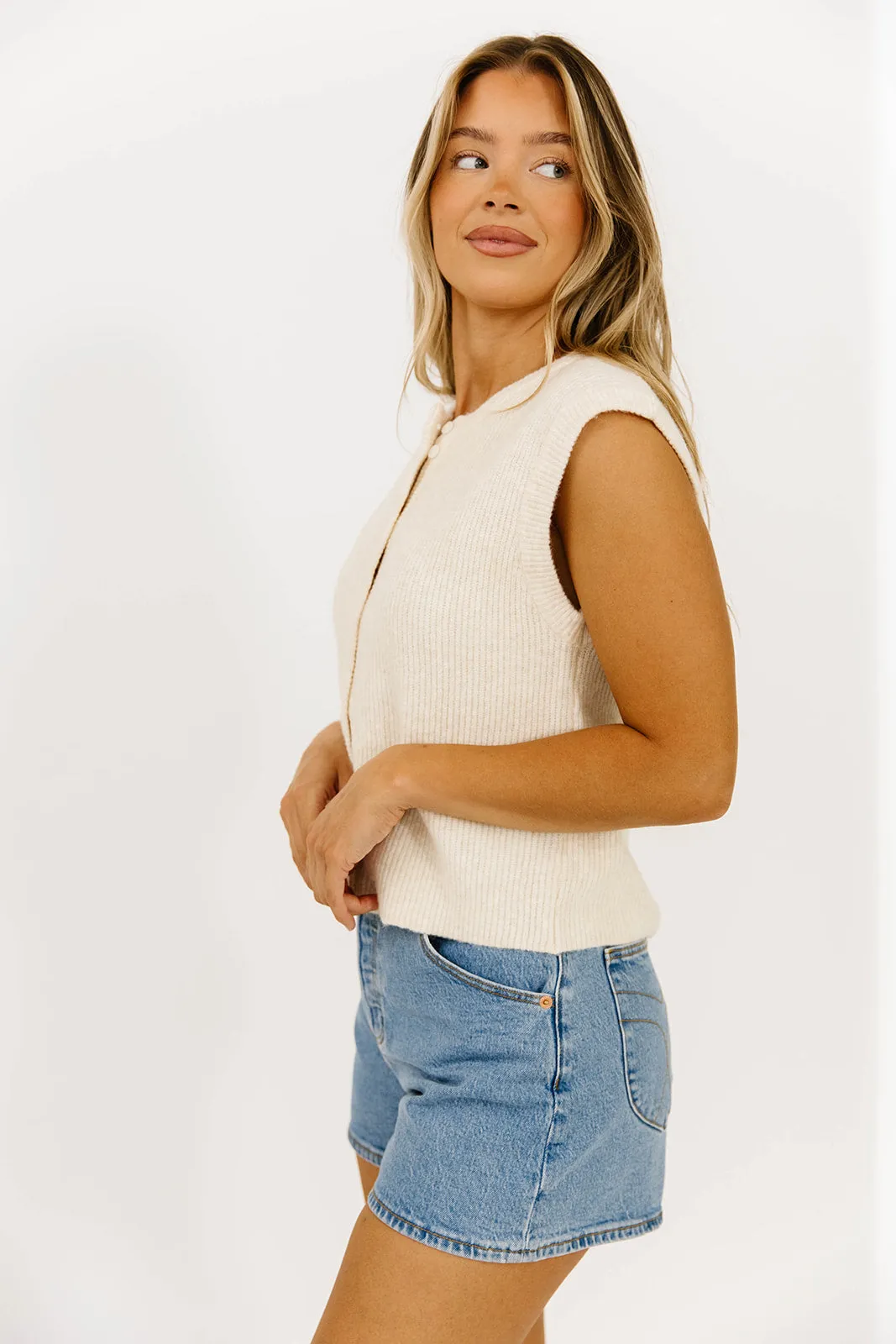 Analeigh Sleeveless Ribbed Knit Vest in Eggshell sold by Worth Collective product image thumbnail 3