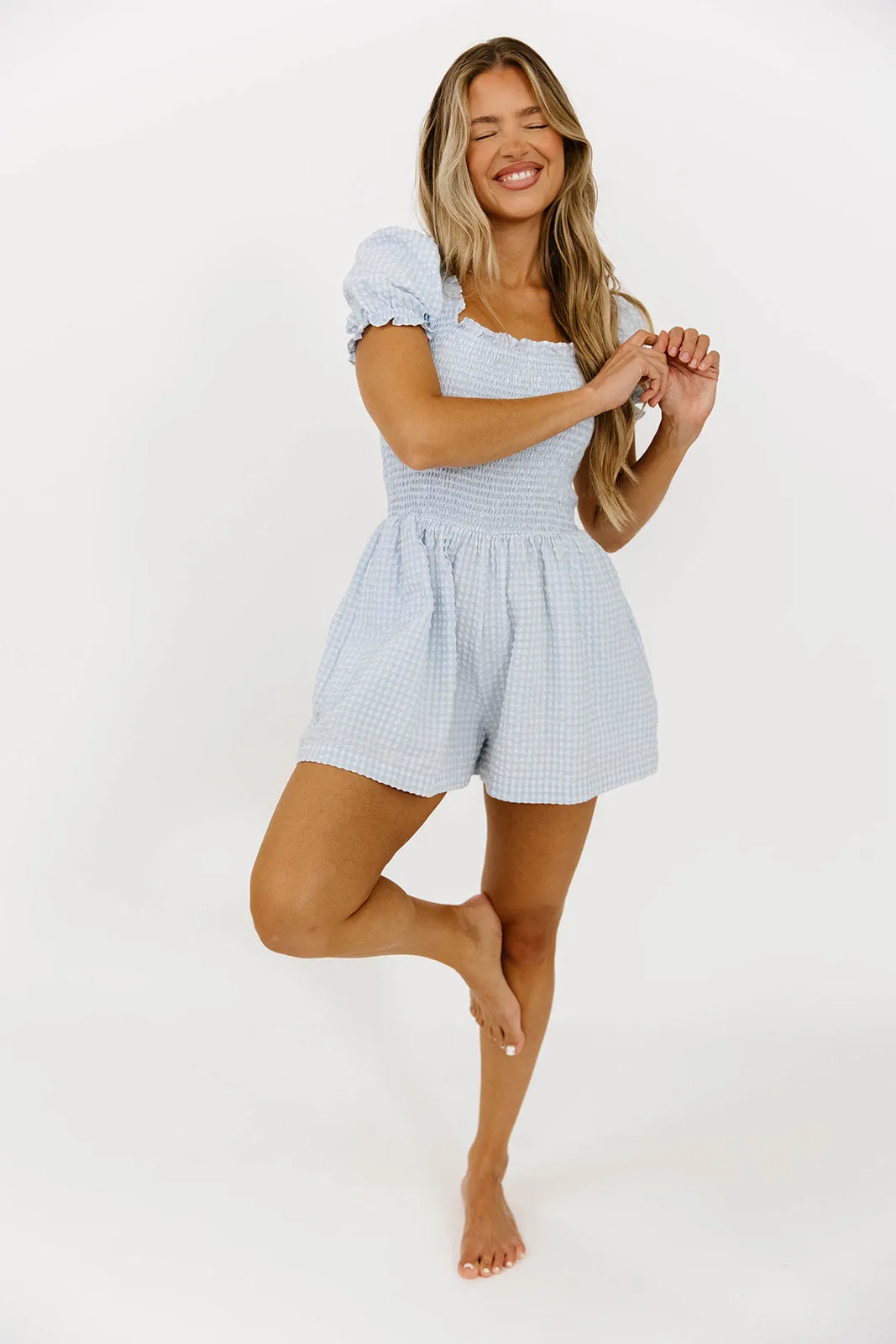 Tilly Gingham Seersucker Romper in Blue sold by Worth Collective product image thumbnail 2