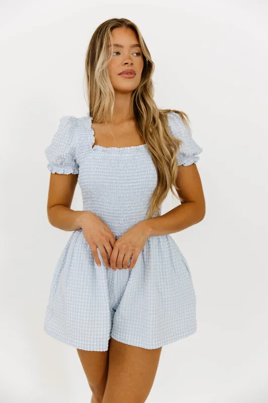 Tilly Gingham Seersucker Romper in Blue sold by Worth Collective