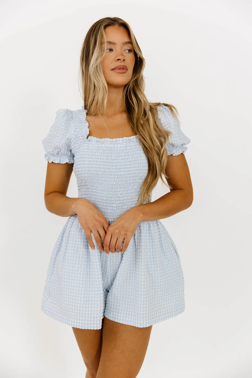 Tilly Gingham Seersucker Romper in Blue sold by Worth Collective