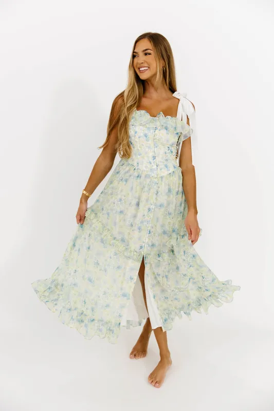 Jessica Floral Printed Contrast Shoulder Strap Midi Dress in Blue sold by Worth Collective