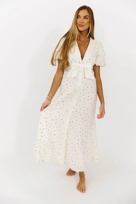 Florian Puff Sleeve Bow Front Collar Midi Dress in Cream sold by Worth Collective