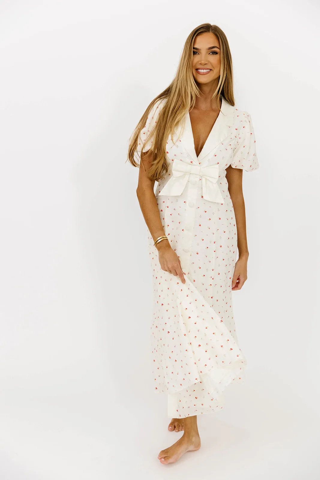 Florian Puff Sleeve Bow Front Collar Midi Dress in Cream sold by Worth Collective product image thumbnail 4