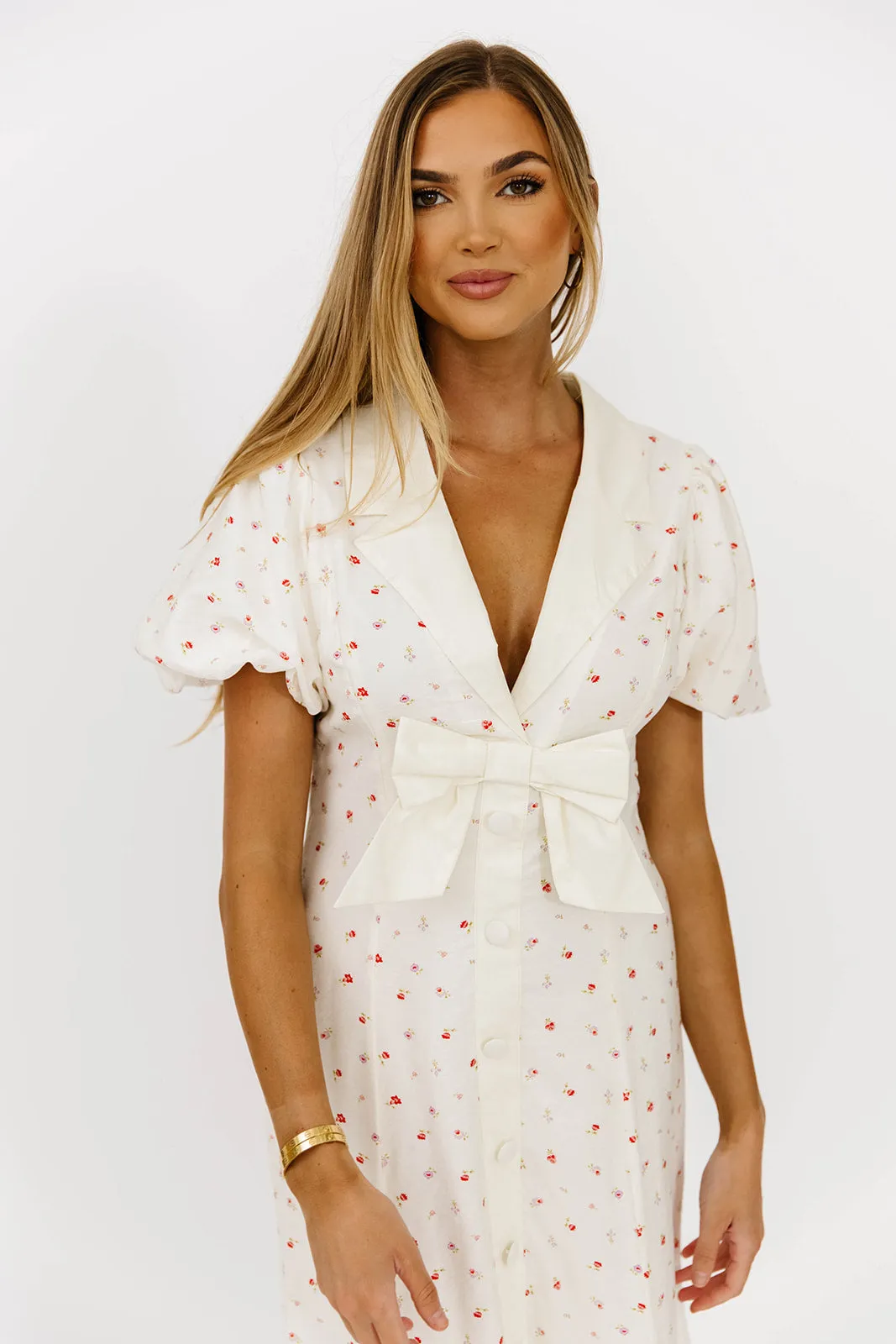Florian Puff Sleeve Bow Front Collar Midi Dress in Cream sold by Worth Collective product image thumbnail 2