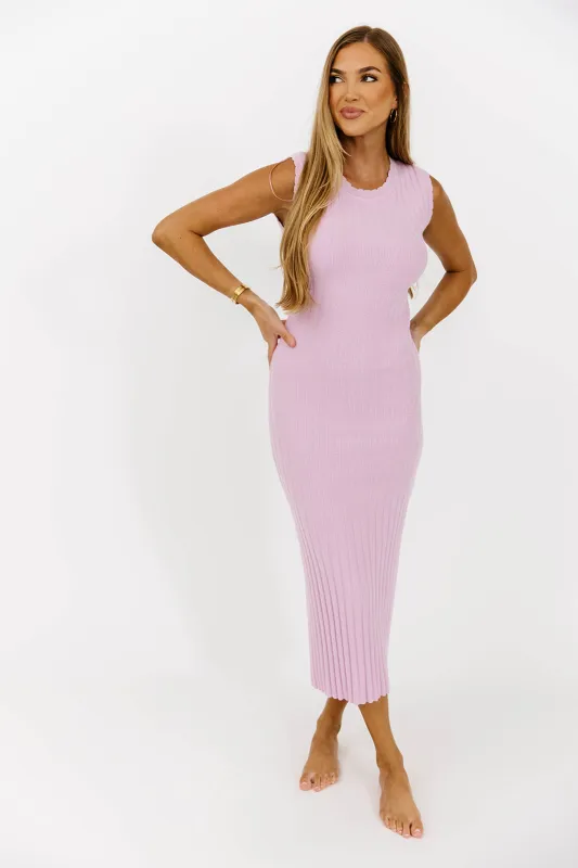 Mirabella Scalloped Edge Detail Ribbed Sweater Maxi Dress in Pale Pink sold by Worth Collective
