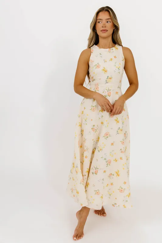 Elenora Floral Print Sleeveless Bow Detail Maxi Dress in Cream sold by Worth Collective