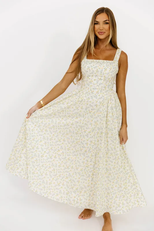Trixy Floral Print Ruched Square Neckline Midi Dress in Yellow sold by Worth Collective