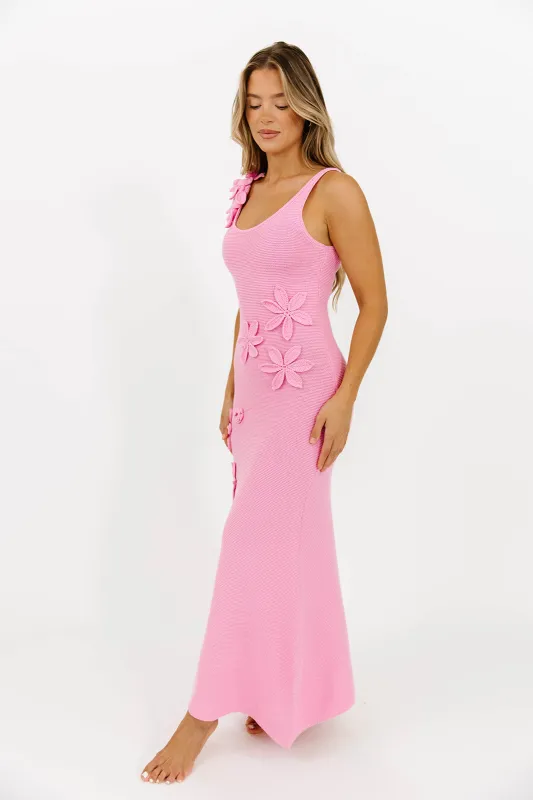 Elysian 3D Flower Applique Detailed Sweater Maxi Dress in Pink sold by Worth Collective