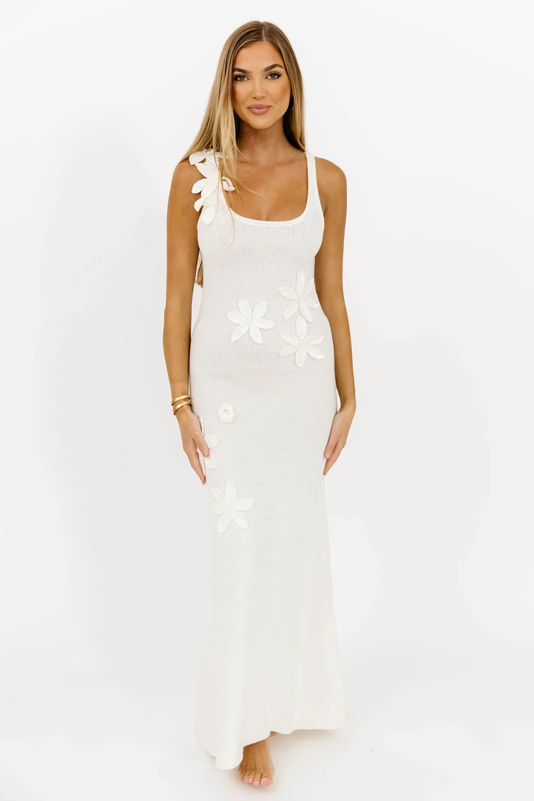 Elysian 3D Flower Applique Detailed Sweater Maxi Dress in Cream sold by Worth Collective product image thumbnail 3