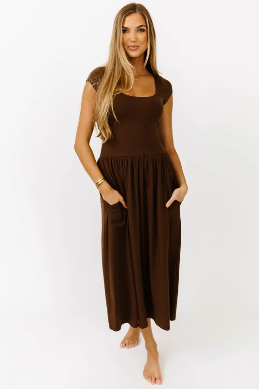 Larissa Cap Sleeve Midi Dress in Brown sold by Worth Collective
