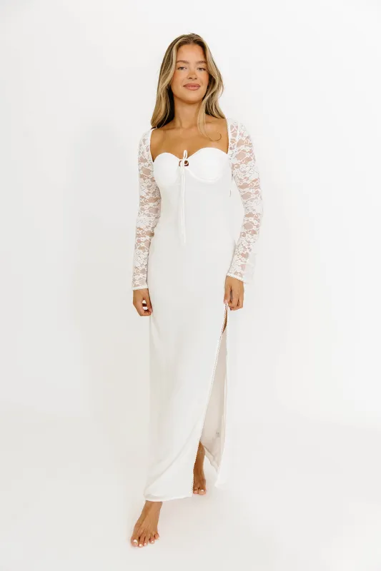 Twyla Long Sleeve Sweetheart Maxi Dress with Lace in White sold by Worth Collective