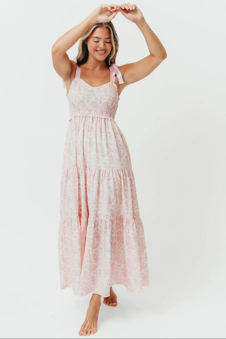 Lottie Tiered Maxi Dress in Pink Floral sold by Worth Collective