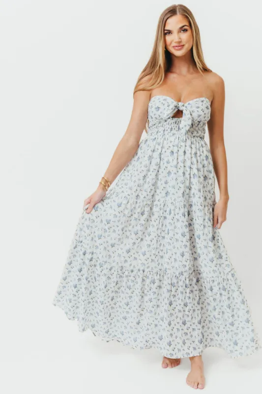 Sally Tie-Front Floral Tube Maxi Dress in Ivory/Blue *Final-Sale* sold by Worth Collective