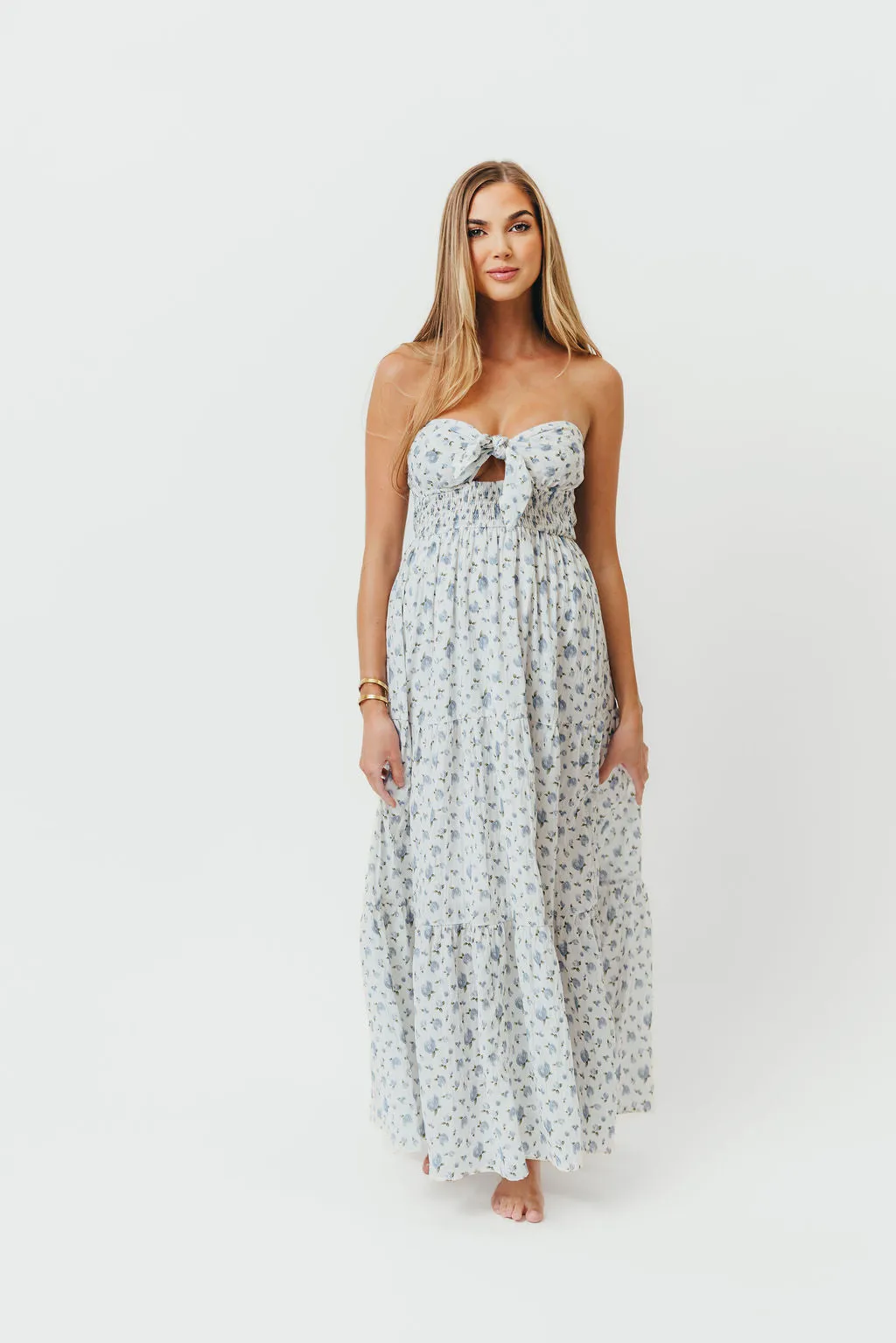 Sally Tie-Front Floral Tube Maxi Dress in Ivory/Blue *Final-Sale* sold by Worth Collective product image thumbnail 3