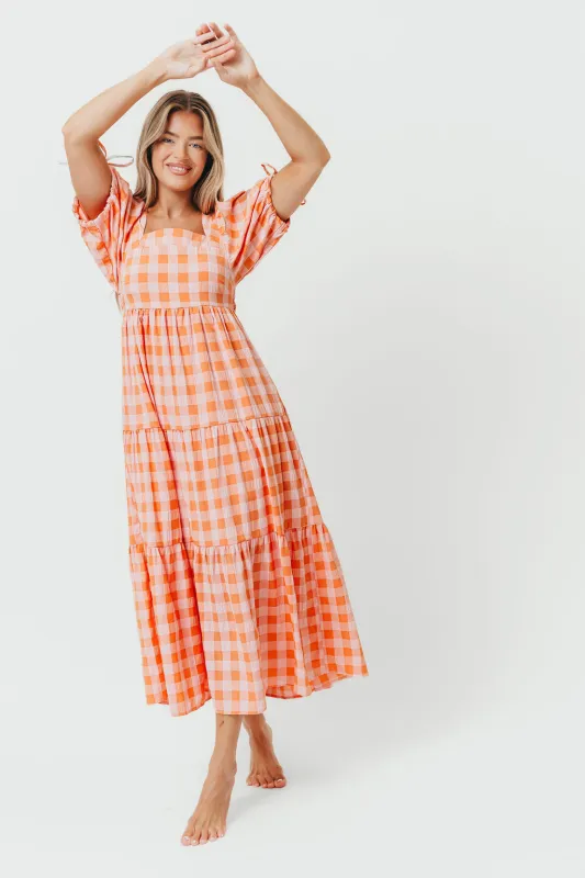 Kalina Puff Sleeve Gingham Maxi Dress in Salmon sold by Worth Collective