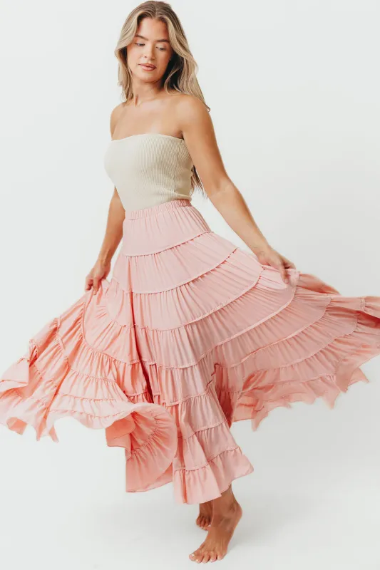 Zaynah Elastic Waist Tiered Maxi Skirt in Peach Pink sold by Worth Collective