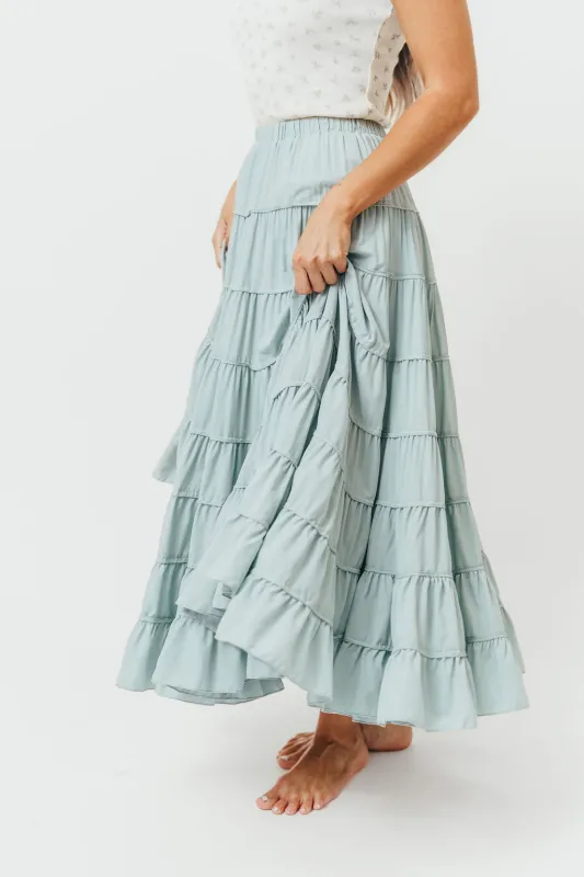 Zaynah Elastic Waist Tiered Maxi Skirt in Sage sold by Worth Collective