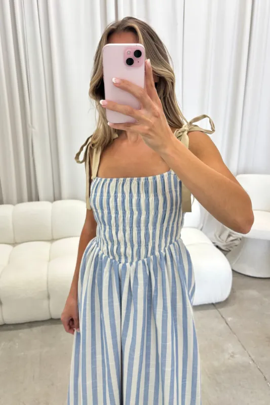 Aracely Striped Midi Dress in Blue sold by Worth Collective