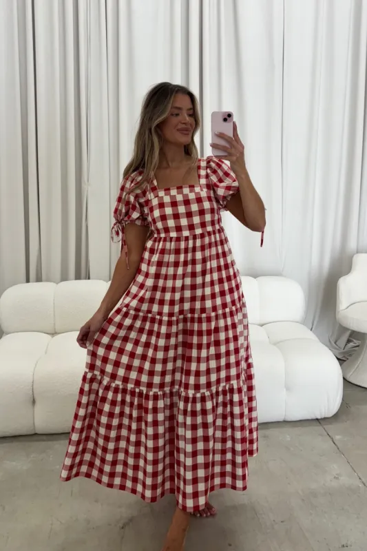 Kalina Puff Sleeve Gingham Maxi Dress in Red sold by Worth Collective
