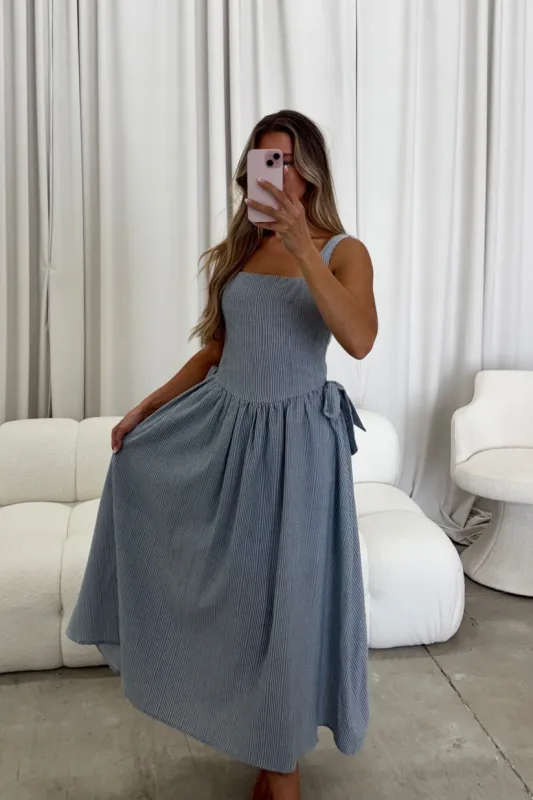 Banks Striped Double Ribbon Detail Midi Dress in Blue sold by Worth Collective