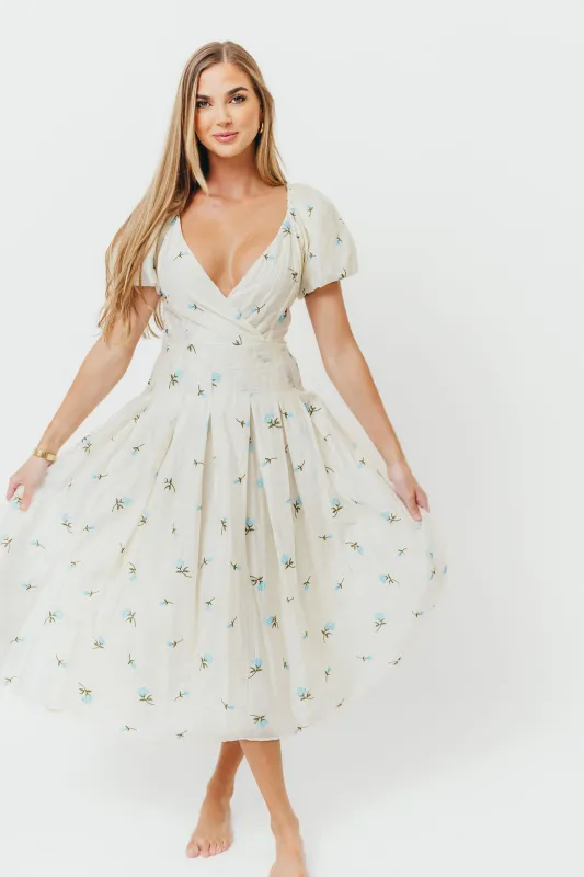 Meadow Floral Midi Dress in Ivory/Blue sold by Worth Collective