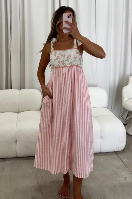 Amanda Mixed Media Floral Stripe Midi Dress in Peach/White sold by Worth Collective