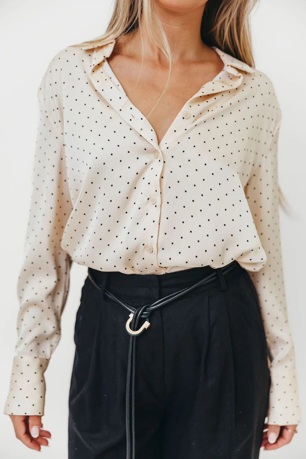 Eliza Satin Mini Polka Dots Top in Cream sold by Worth Collective