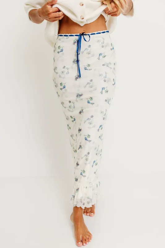 Tyra Floral Mesh Maxi Skirt in Cream sold by Worth Collective