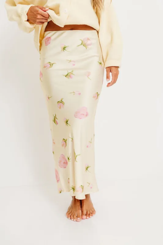 Lizzie Watercolor Rose Print Satin Maxi Skirt in Cream sold by Worth Collective