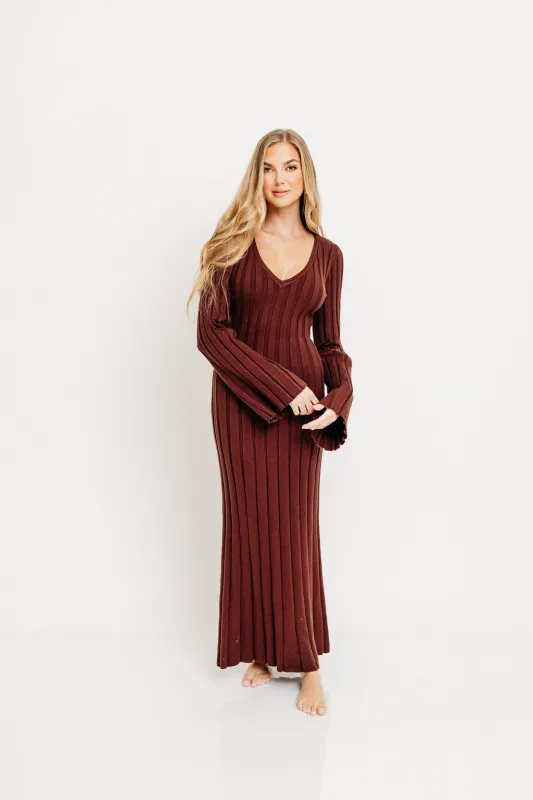 Hearth V-Neck Maxi Dress in Brown - Bump Friendly sold by Worth Collective