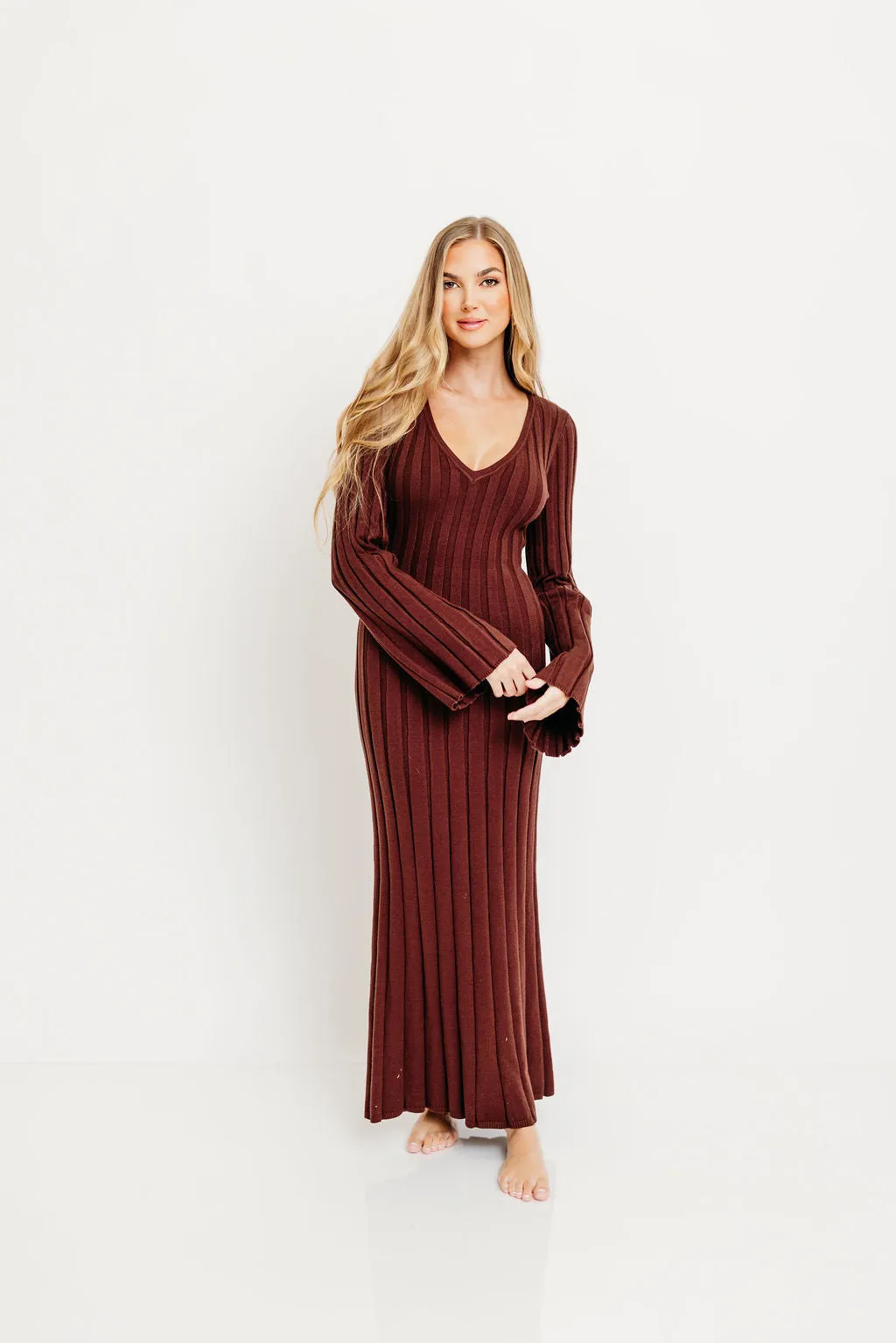 Hearth V-Neck Maxi Dress in Brown - Bump Friendly sold by Worth Collective