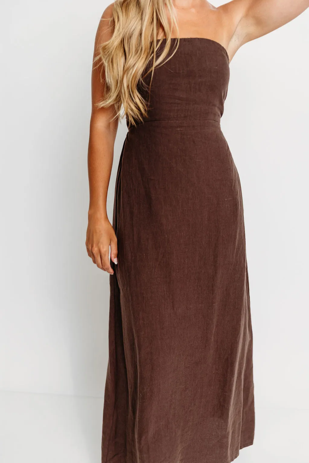 Irise 100% Linen Strapless Maxi Dress in Brown sold by Worth Collective product image thumbnail 4