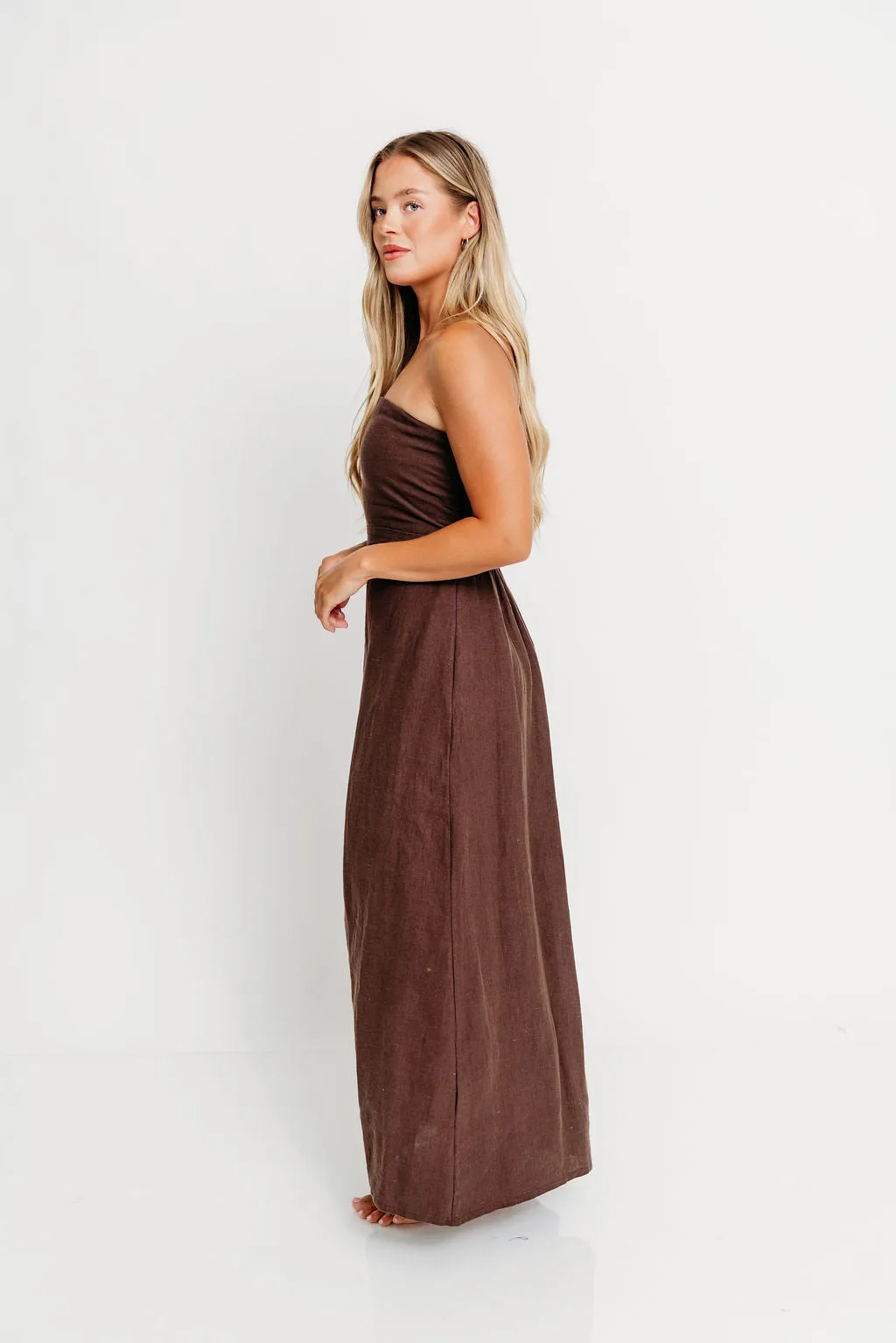 Irise 100% Linen Strapless Maxi Dress in Brown sold by Worth Collective product image thumbnail 3