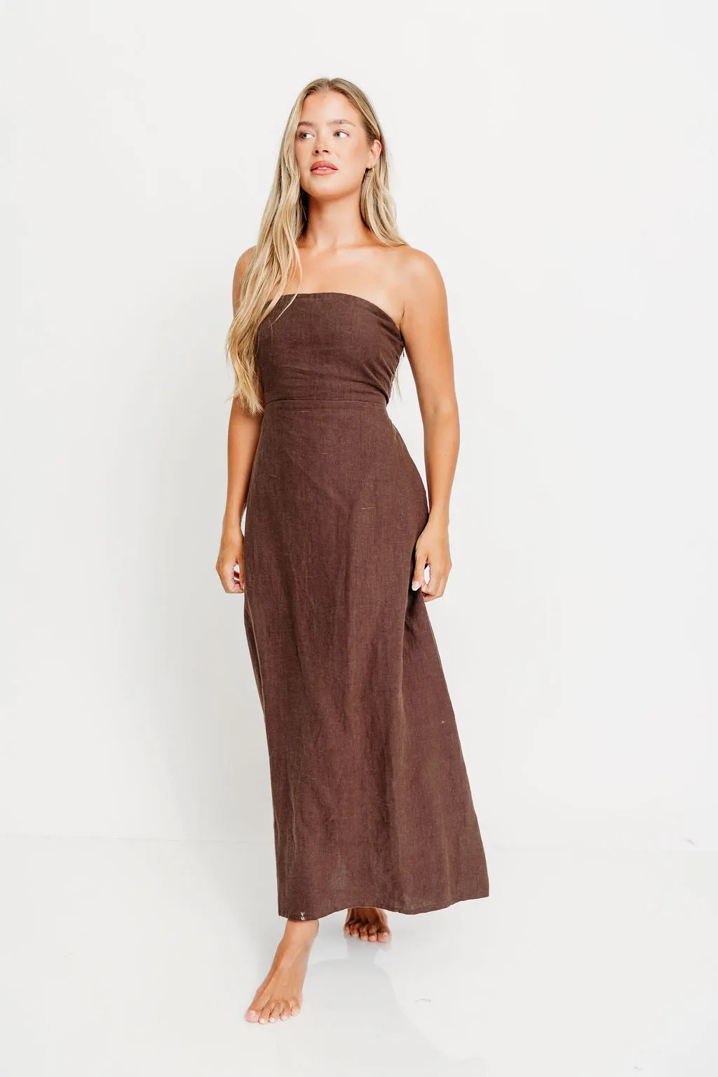 Irise 100% Linen Strapless Maxi Dress in Brown sold by Worth Collective product image thumbnail 2