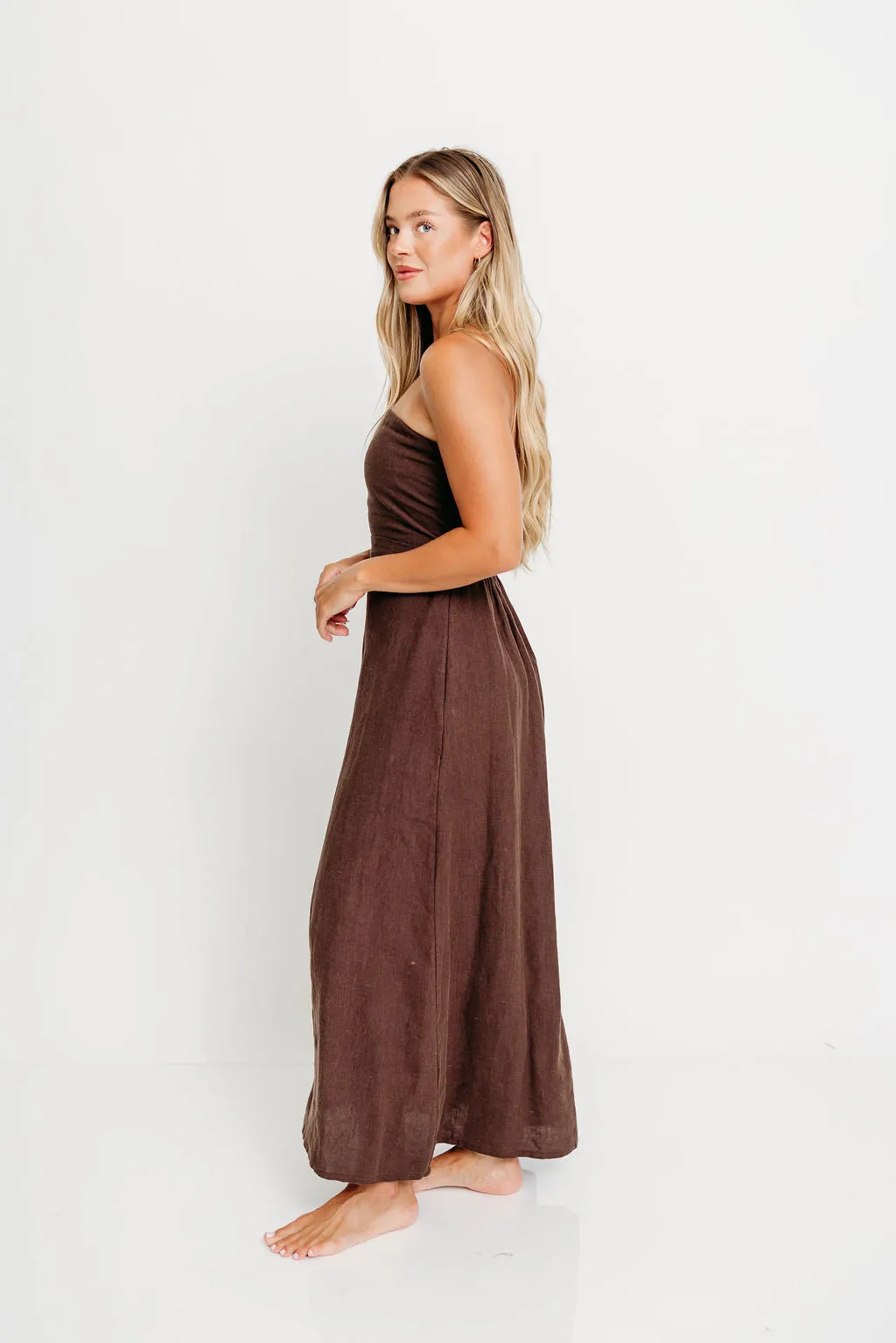 Irise 100% Linen Strapless Maxi Dress in Brown sold by Worth Collective