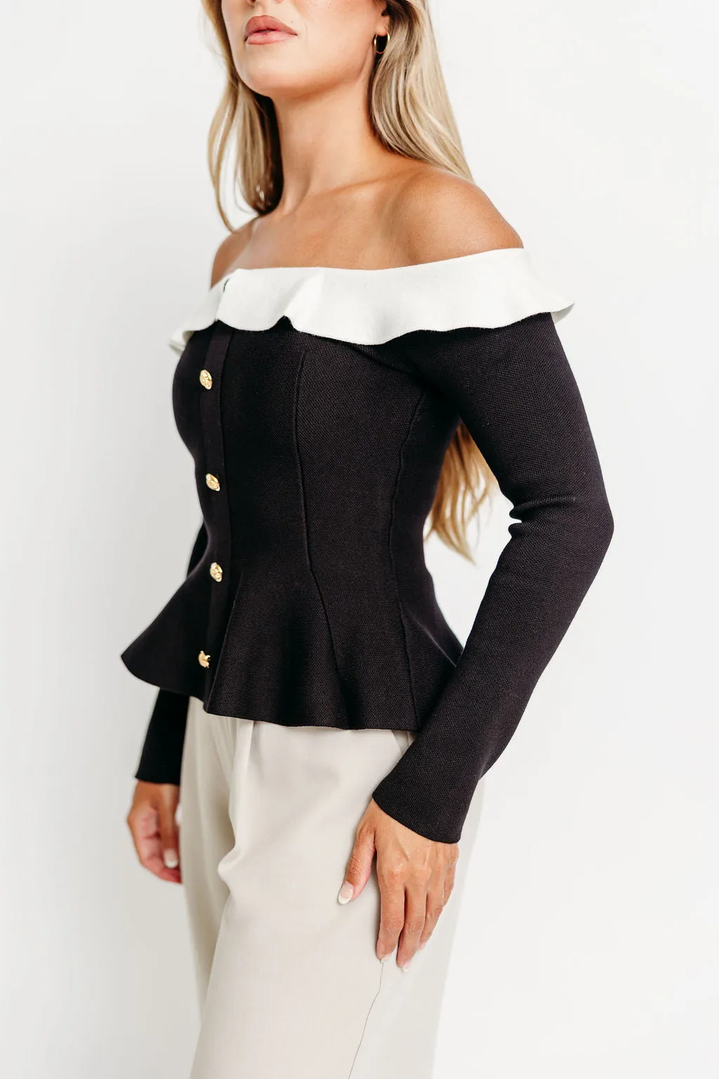 Teniel Off Shoulder Contrast Ruffle Detail Peplum Top in Blackn *Final-Sale* sold by Worth Collective product image thumbnail 3