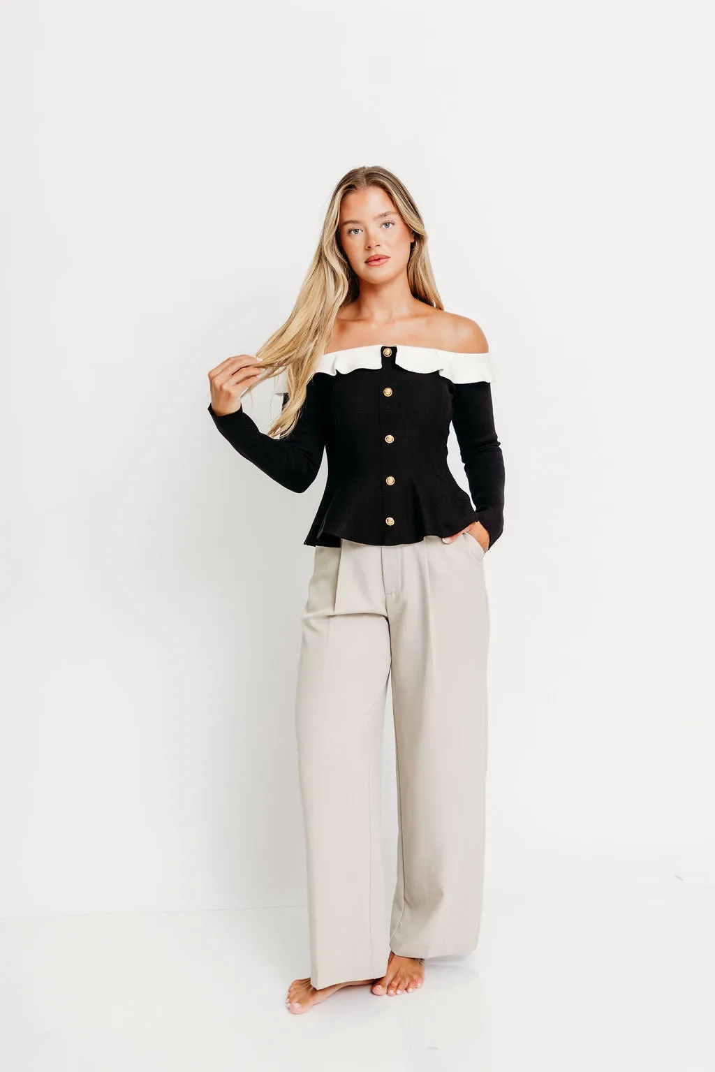 Teniel Off Shoulder Contrast Ruffle Detail Peplum Top in Blackn *Final-Sale* sold by Worth Collective product image thumbnail 4