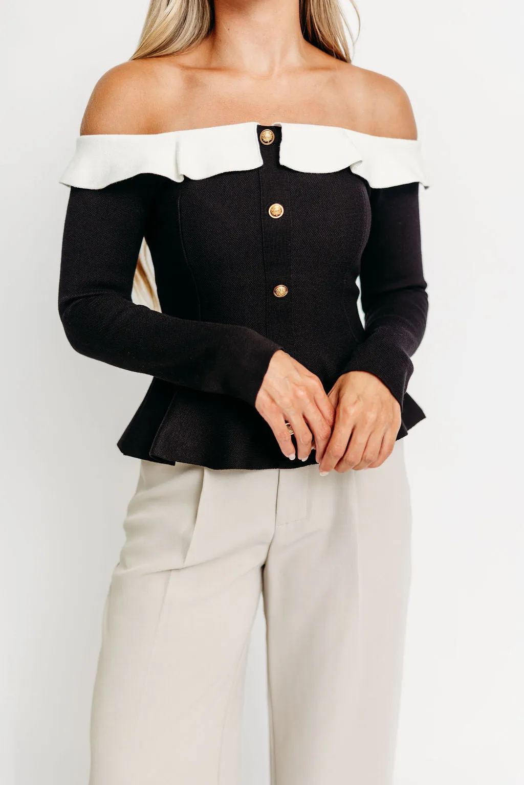 Teniel Off Shoulder Contrast Ruffle Detail Peplum Top in Blackn *Final-Sale* sold by Worth Collective