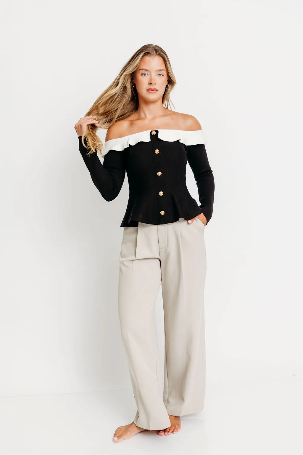 Teniel Off Shoulder Contrast Ruffle Detail Peplum Top in Blackn *Final-Sale* sold by Worth Collective product image thumbnail 2