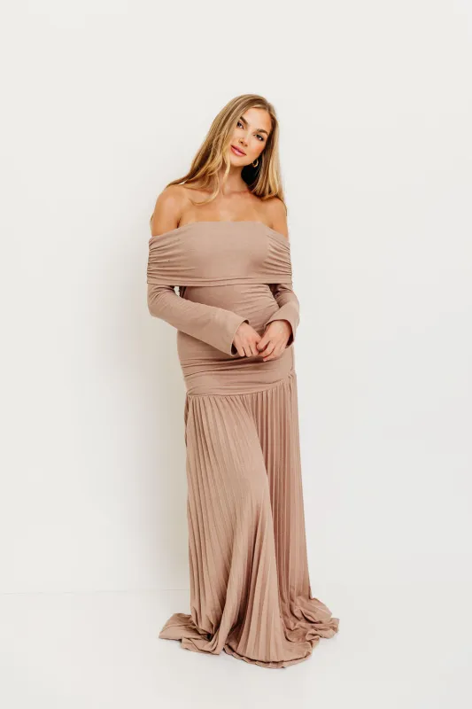 Lennox Long Sleeve Maxi Dress in Taupe - Bump Friendly sold by Worth Collective