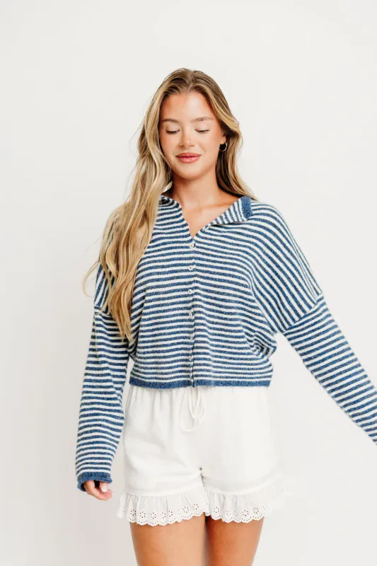 Piper Mini Stripes Cardigan in Denim sold by Worth Collective