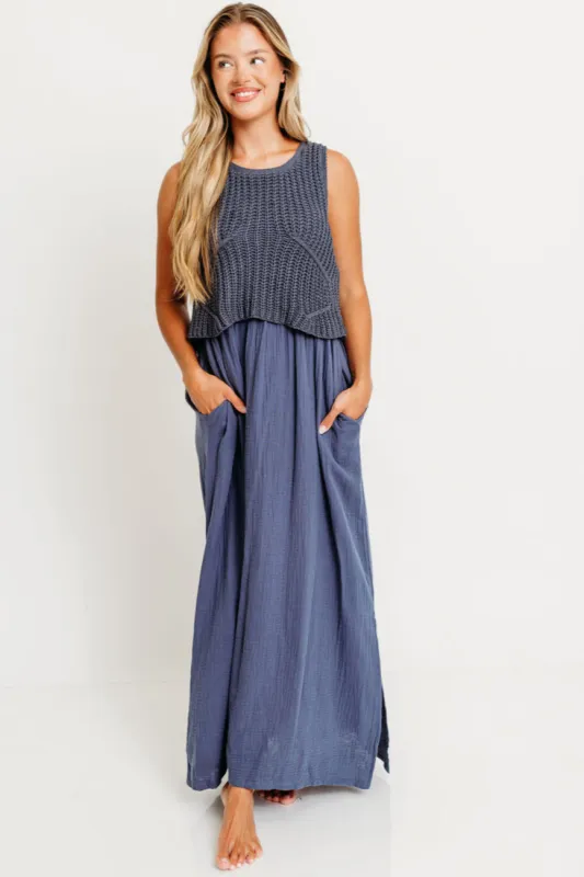 Braylee Sweater Layered Maxi Dress in Navy sold by Worth Collective