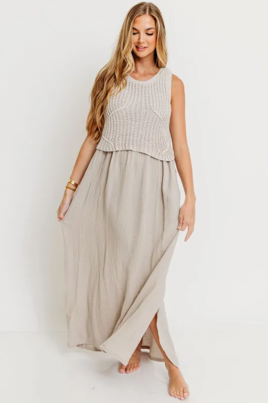Braylee Sweater Layered Maxi Dress in Misty Grey sold by Worth Collective