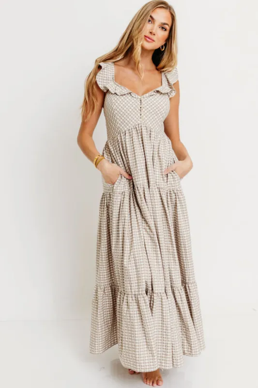 Dionne Gingham Heart Print Maxi Dress in Mocha sold by Worth Collective