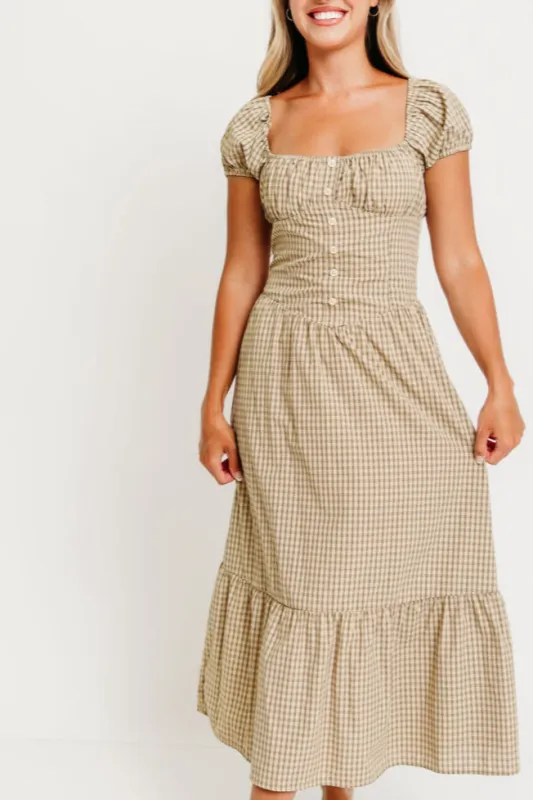 Paulette Plaid Ruffled Hem Maxi Dress in Beige sold by Worth Collective