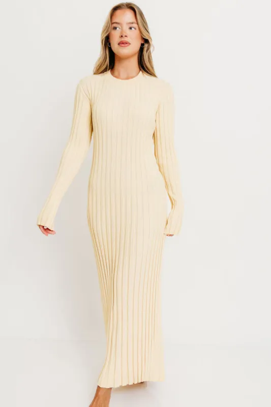 Colette Premium Long Sleeved Ribbed Knit Maxi Dress in Butter Yellow - Bump Friendly sold by Worth Collective