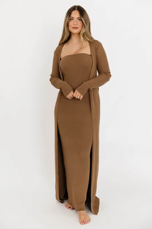 Lina Two Piece Dress Set in Taupe - Bump Friendly & Inclusive Sizing sold by Worth Collective