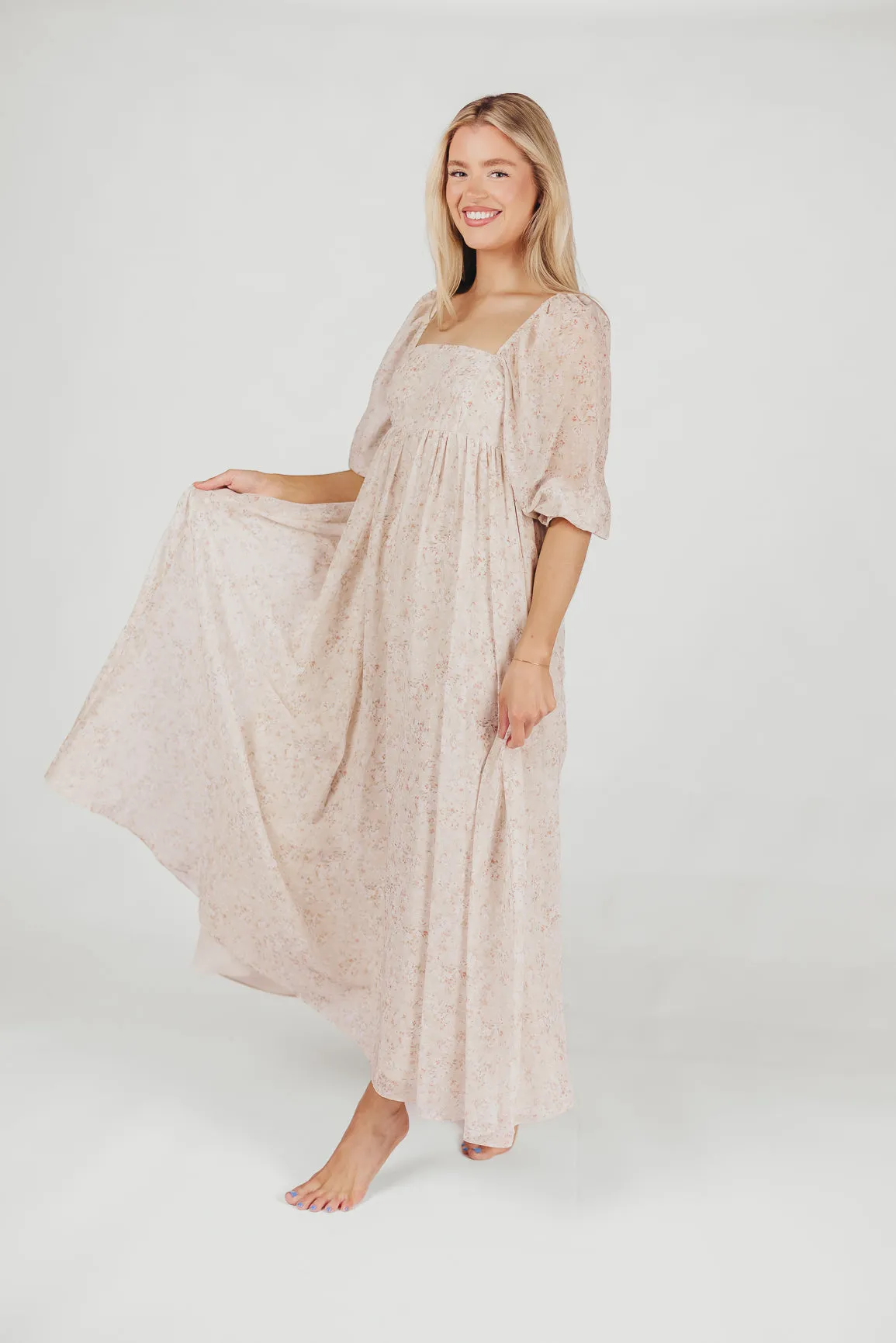 *New* Mona Maxi Dress with Smocking in Beige Floral - Bump Friendly & Inclusive Sizing (S-3XL) sold by Worth Collective