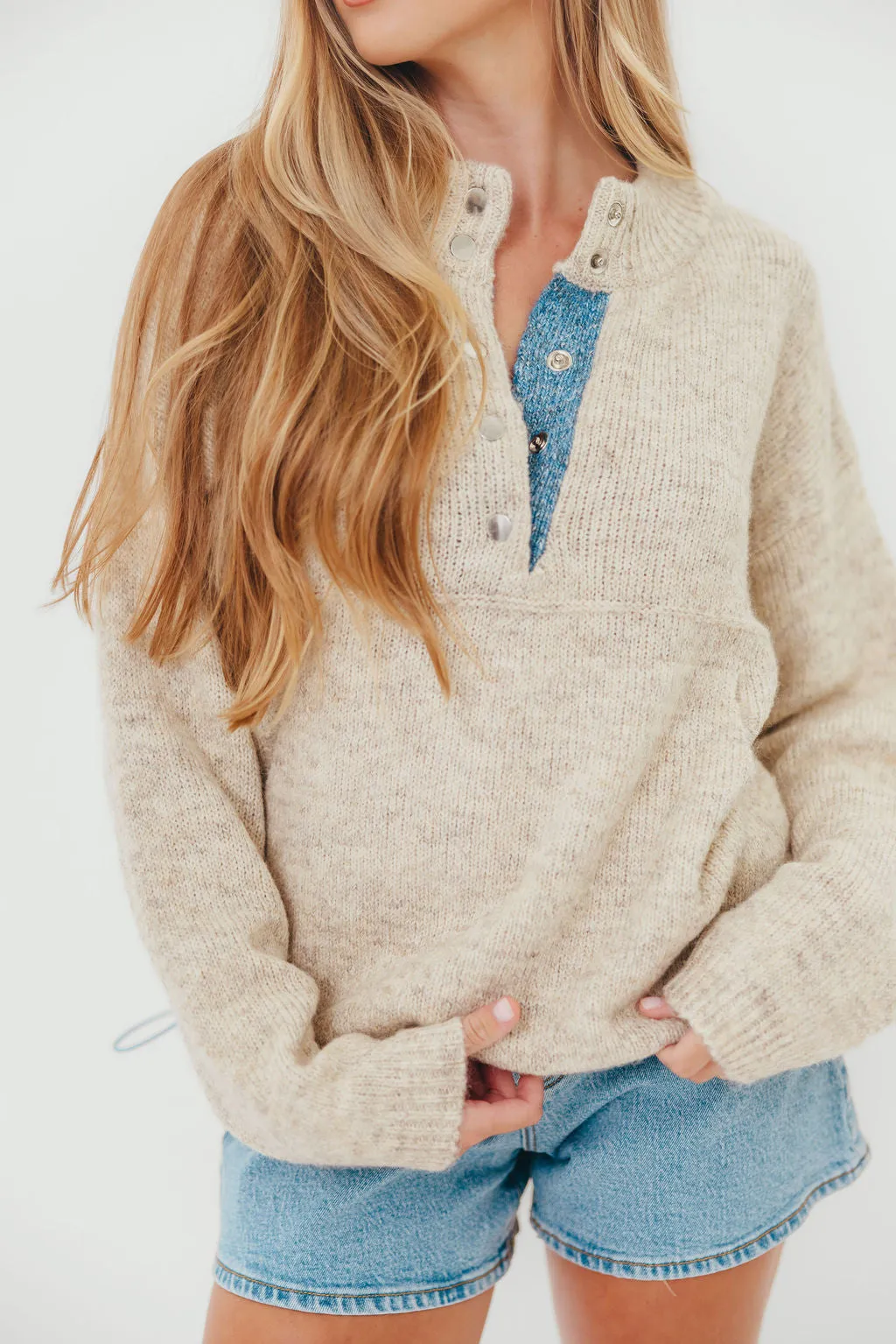 Blythe Two Tone Snap Collar Sweater in Oatmeal sold by Worth Collective